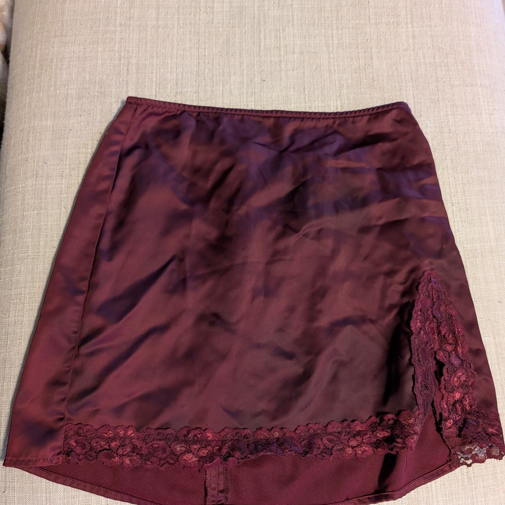Forever 21 Burgundy Satin Mini Skirt with Lace Trim